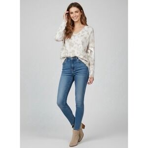 White + Warren Floral Cotton Blend V-Neck Sweater size M